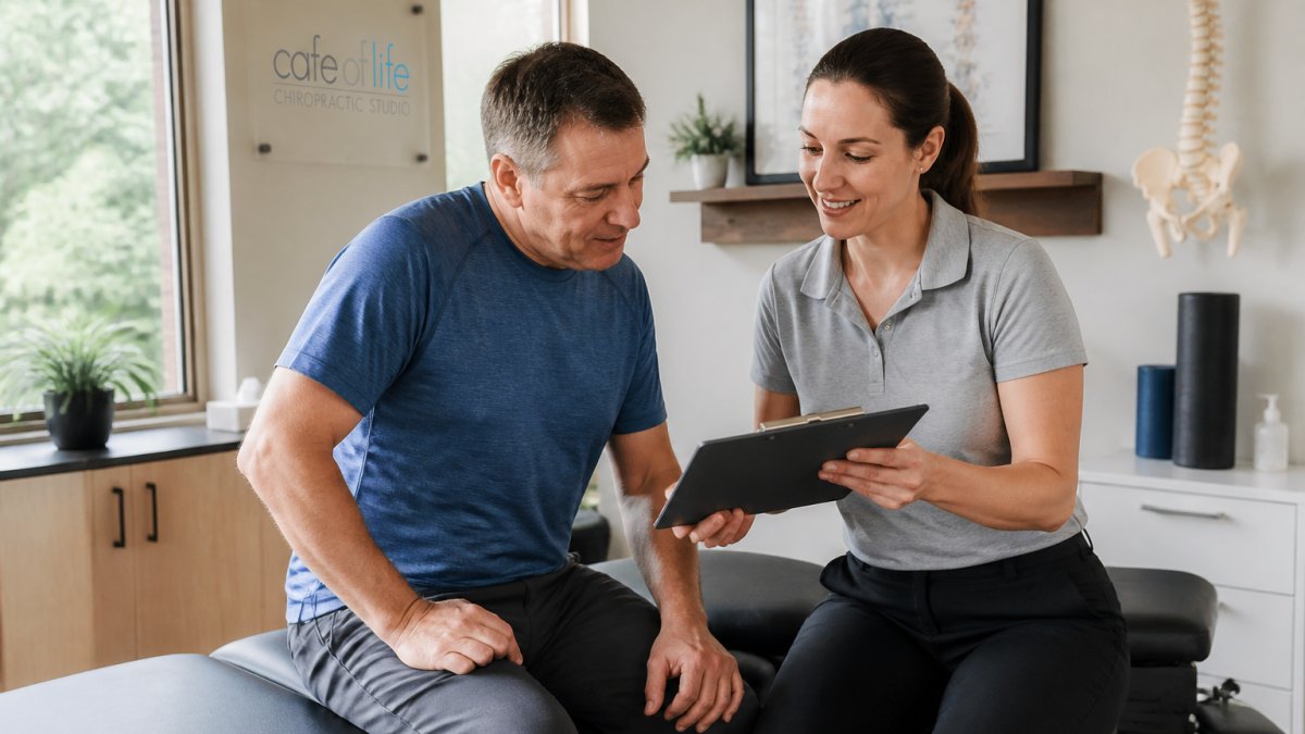 A chiropractor in a bright, welcoming clinic explaining a treatment plan to a middle-aged patient seated on a treatment table, both looking at a clipboard together