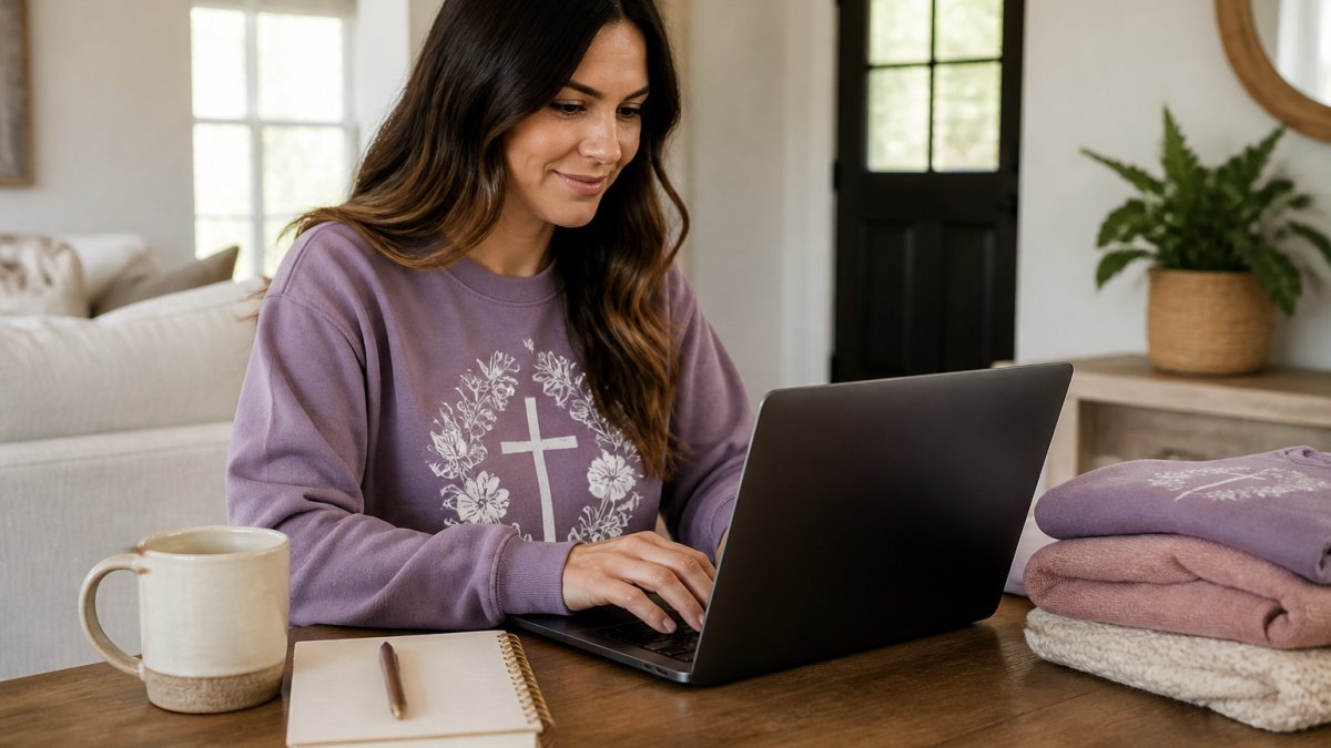 A woman browsing a Christian apparel boutique website on her laptop, with a cozy mug and notebook nearby, in a bright home setting