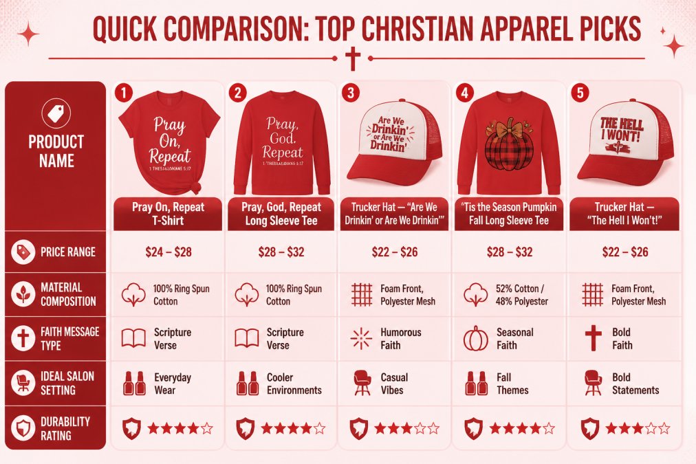 Comparison matrix showing Product Name, Price Range, Material Composition, Faith Message Type, Ideal Salon Setting, and Durability Rating for 5 top christian apparel for nail technicians options