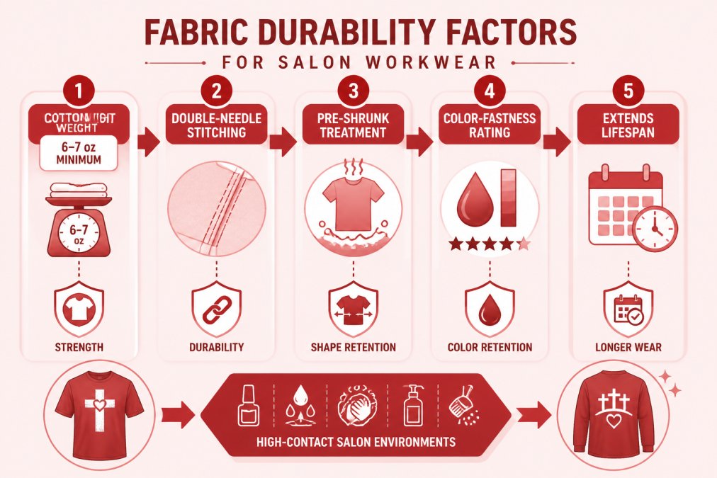 Diagram showing fabric durability factors for salon workwear: cotton weight 6-7 oz minimum, double-needle stitching on seams, pre-shrunk treatment process, color-fastness rating, and how each extends garment lifespan in high-contact salon environments