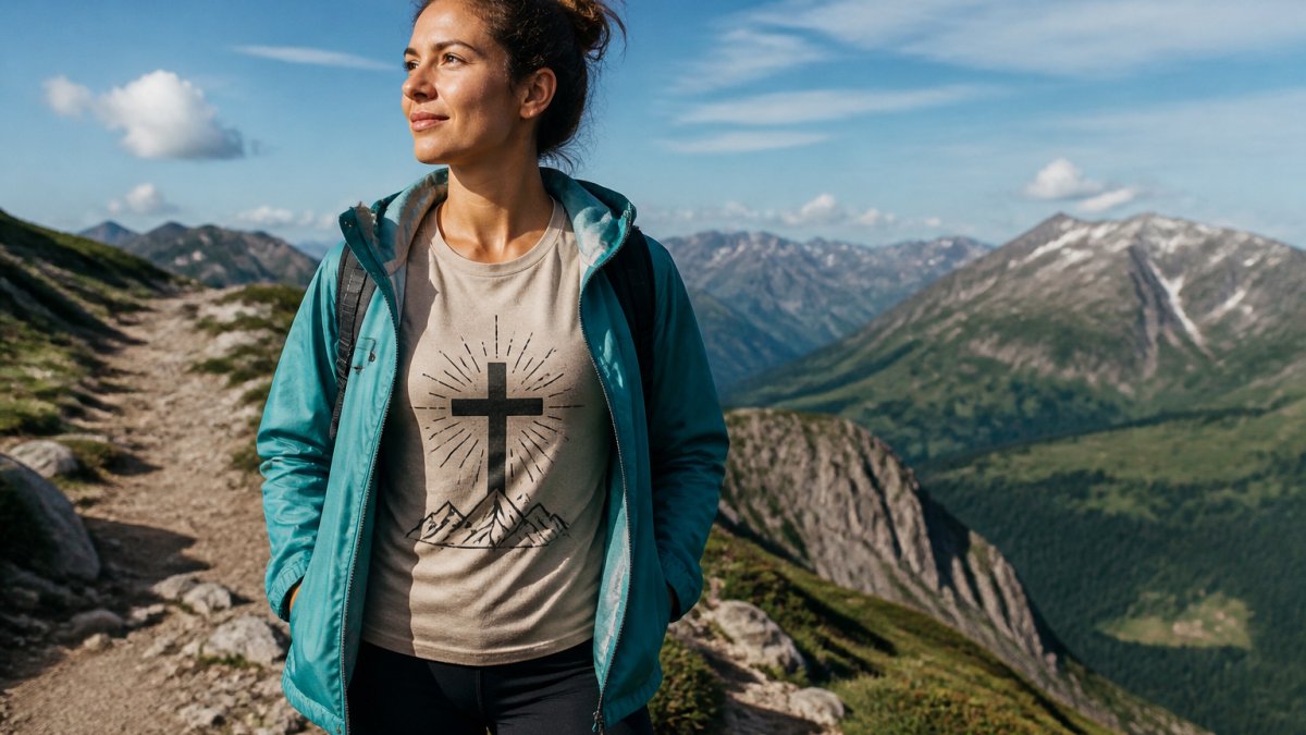 Woman wearing Christian graphic tee and breathable hiking jacket standing confidently on mountain trail with scenic landscape and clear sky in background