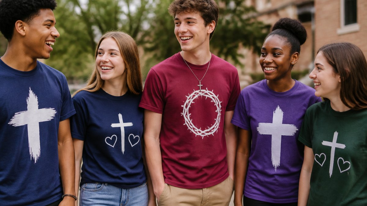 A group of diverse teenagers wearing matching Christian T-shirts with inspirational messages, standing together outdoors in a casual setting, smiling and looking relaxed