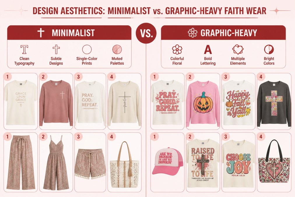 Comparison matrix showing minimalist designs (clean typography, single-color prints, subtle crosses, muted palettes) vs. graphic-heavy designs (colorful florals, bold lettering, multiple design elements, bright colors) with 4 examples in each category