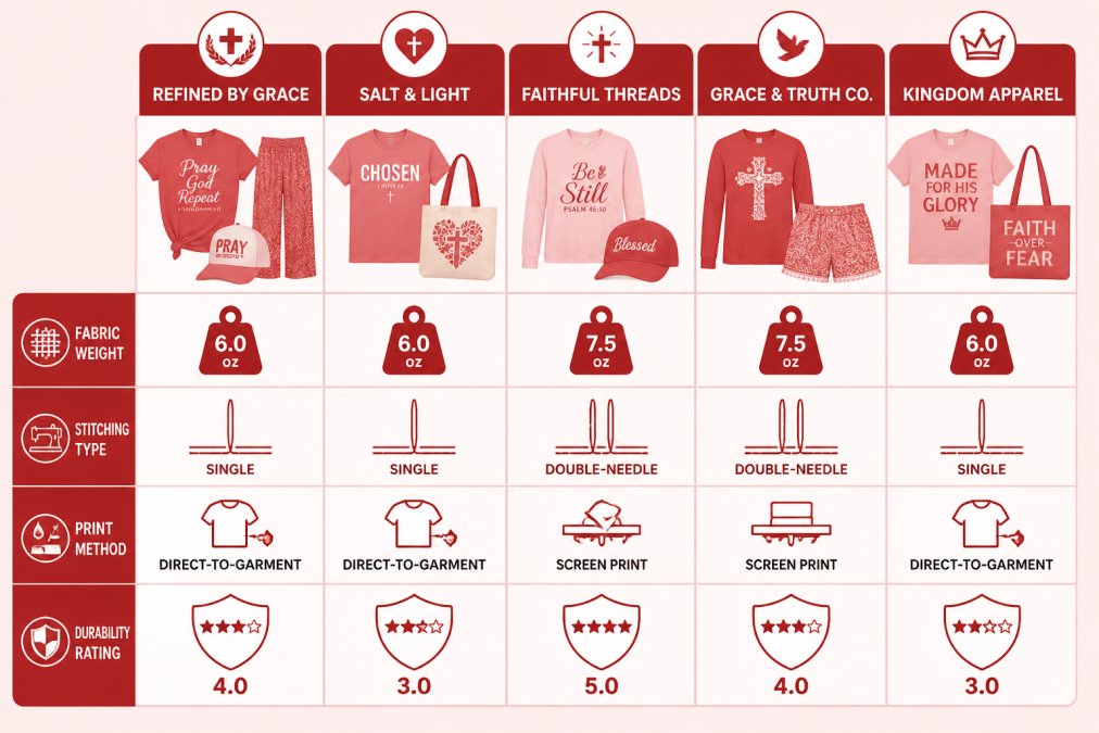 Feature comparison chart showing fabric weight (6.0 oz vs. 7.5 oz), stitching type (single vs. double-needle), print method (direct-to-garment vs. screen print), and durability ratings across 5 popular christian boutique brands