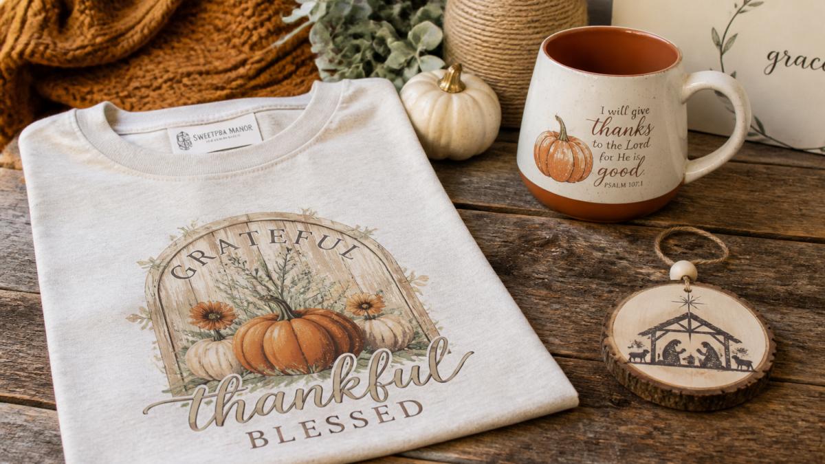 Warm flat-lay photo of faith-based apparel and home goods on a rustic wooden table, including a folded Christian T-shirt with a Scripture-inspired design, a cozy autumn-themed mug, and a small Christmas ornament, styled with soft natural lighting to evoke a mom-and-pop shop feel