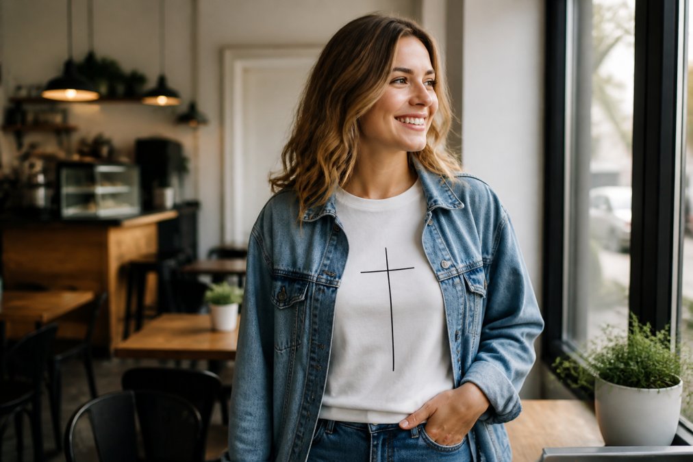 A young woman wearing a minimalist faith-based graphic tee under an open denim jacket, standing in a bright coffee shop with natural window light