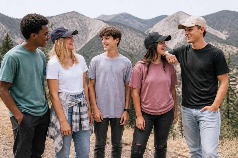 Diverse group of young adults and teenagers wearing various faith-inspired apparel designs in casual settings, showcasing modern aesthetic and fit across different body types in natural daylight