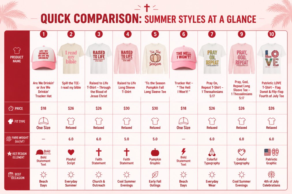 Feature comparison matrix showing Product name, Price, Fit type (boxy/relaxed/oversized), Fabric weight (oz/yd²), Key design element, and Best occasion for each of the 10 best christian graphic tees for summer