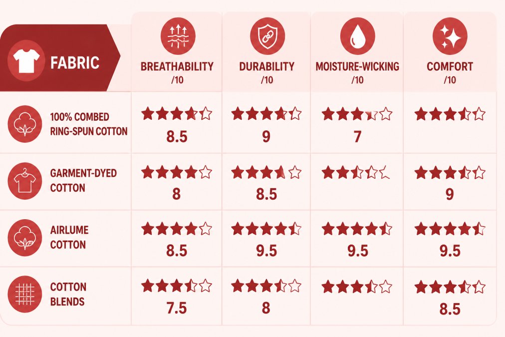 Comparison chart showing breathability, durability, and comfort ratings for: 100% combed ring-spun cotton (breathability 8.5/10, durability 9/10, moisture-wicking 7/10), garment-dyed cotton (breathability 8/10, durability 8.5/10, vintage feel 9/10), Airlume cotton (breathability 8.5/10, durability 9.5/10, softness 9.5/10), and cotton blends (breathability 7.5/10, durability 8/10, structure 8.5/10)