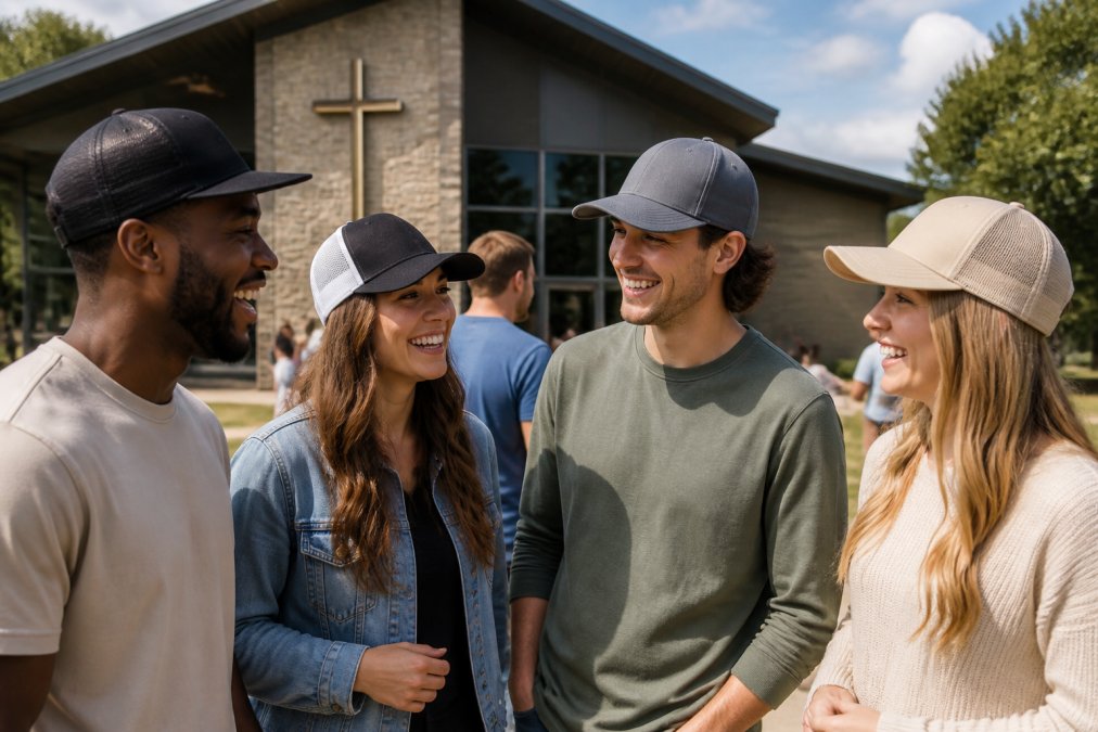 A group of diverse young adults wearing Christian snapback hats and trucker hats, smiling and talking together outside a modern church building on a sunny Sunday morning