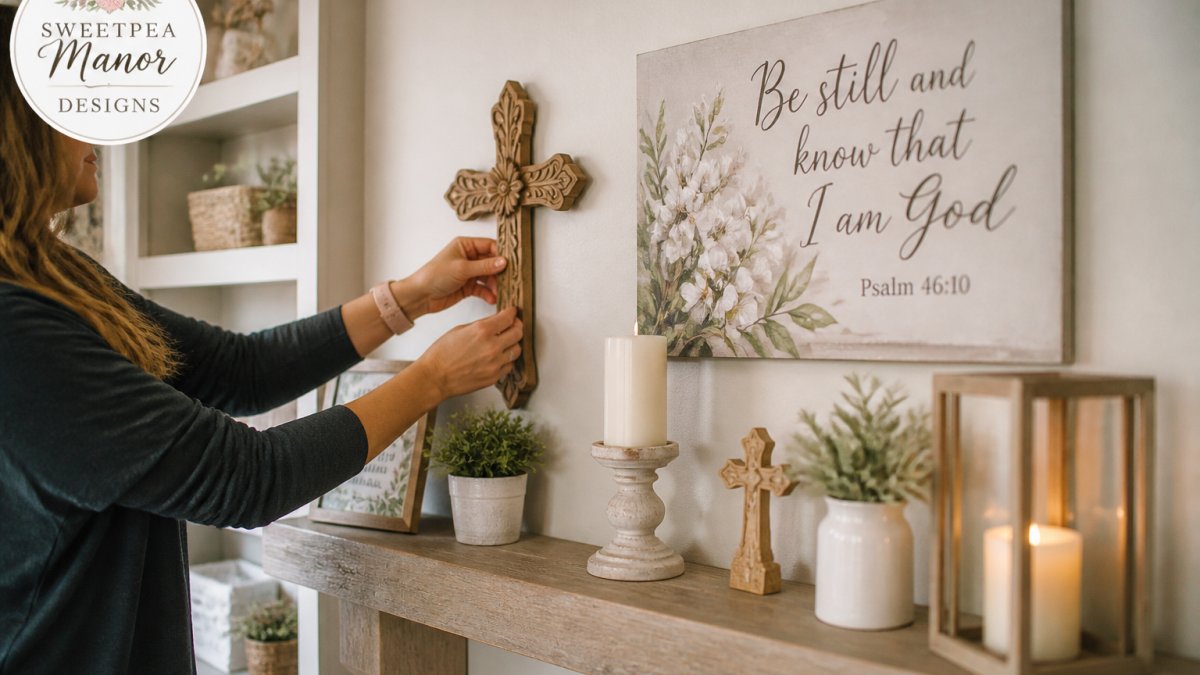 Cozy living room corner featuring faith-inspired wall art, a decorative wooden cross, and a canvas print with a Bible verse above a neutral-toned shelf with candles and small Christian ornaments in warm natural lighting