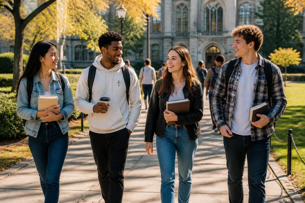 A group of diverse college students walking across a sunny campus quad, one wearing a relaxed-fit Christian hoodie with a small cross graphic, others in casual layers, holding books and coffee