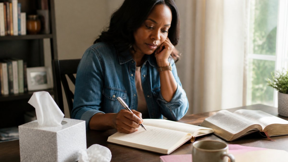 Woman sitting in a sunlit room writing in a journal with a Bible and tissues nearby
