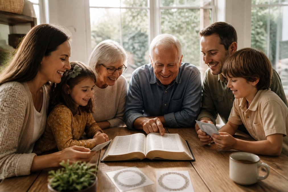 Multi-generational Christian family gathered around a wooden table during morning devotion time, smiling and engaged with an open Bible and prayer cards, warm natural sunlight streaming through the window