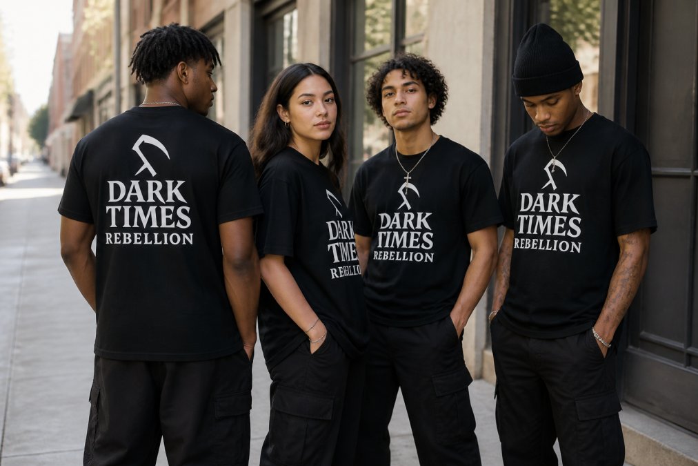 Visual roadmap for A diverse group of young adults wearing coordinated black heavyweight streetwear with cross and s...