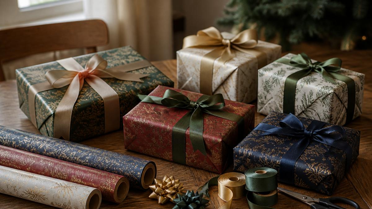 Wrapped gifts displayed on a wooden table with premium wrapping paper in matte and glossy finishes, ribbons and bows arranged with soft natural lighting