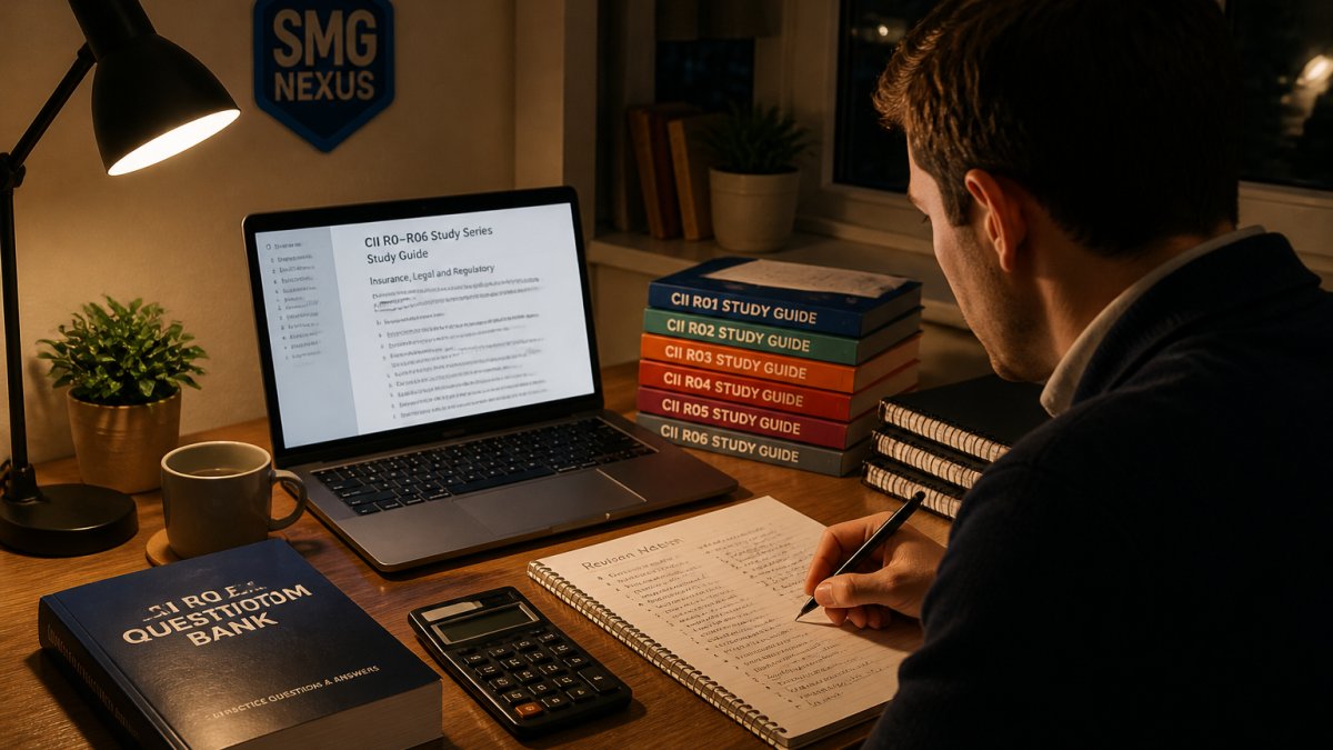 A professional studying at a desk with digital guides, a printed question bank, a calculator and revision notes.