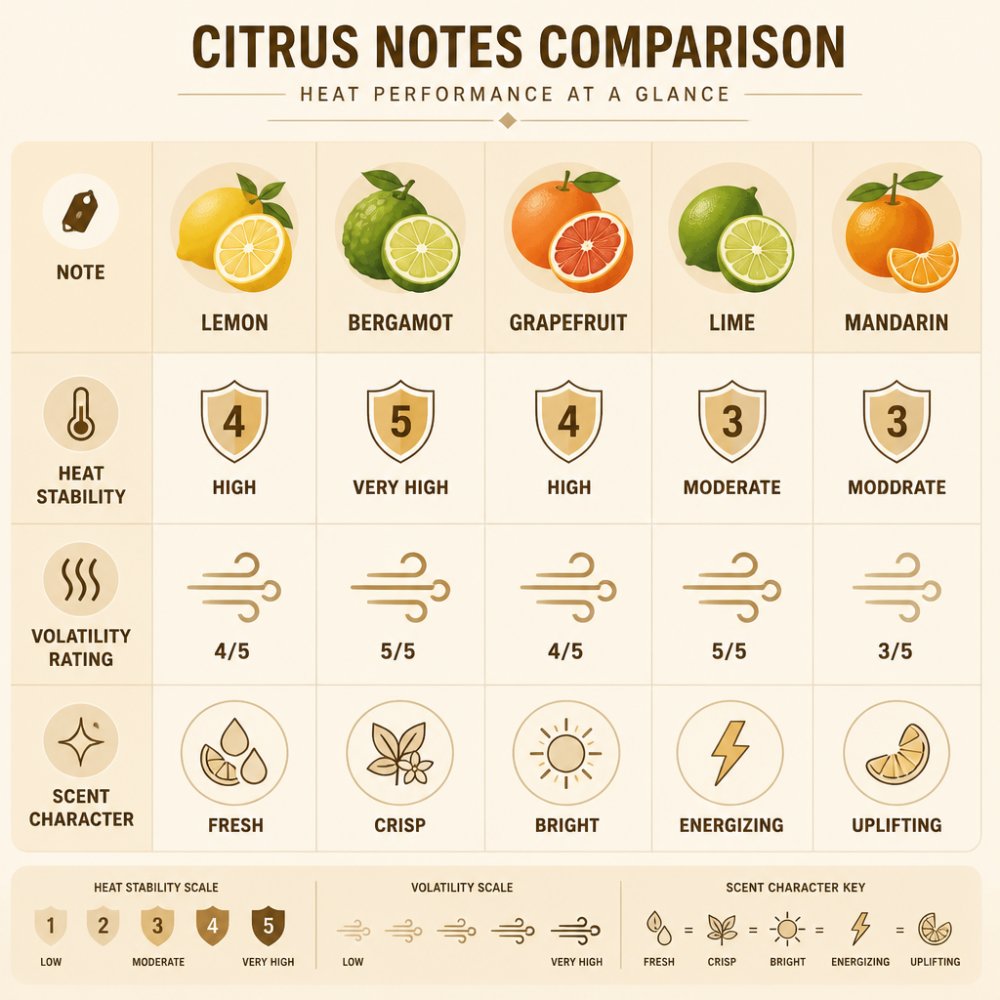 Matrix comparing citrus notes (lemon, bergamot, grapefruit, lime, mandarin) against heat stability, volatility rating, and scent character (fresh, crisp, bright, energizing)