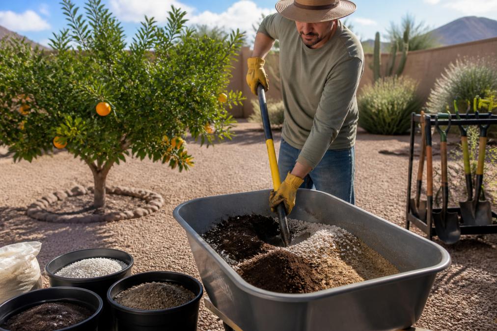 A gardener in a sunlit desert backyard mixing compost, perlite, and native soil with a shovel in a wheelbarrow, citrus trees and hand tools visible behind them