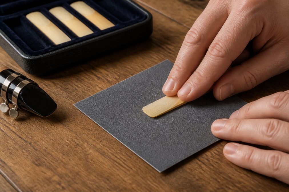Close-up of a clarinet reed being rubbed gently on a sheet of fine sandpaper on a wooden table, with a mouthpiece and reed case nearby