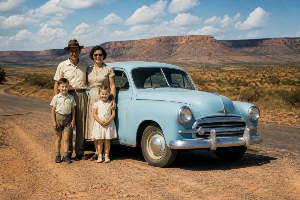A vintage Australian family in 1950s clothing posing proudly next to their classic sedan on a dusty country roadside, with a scenic outback landscape behind them
