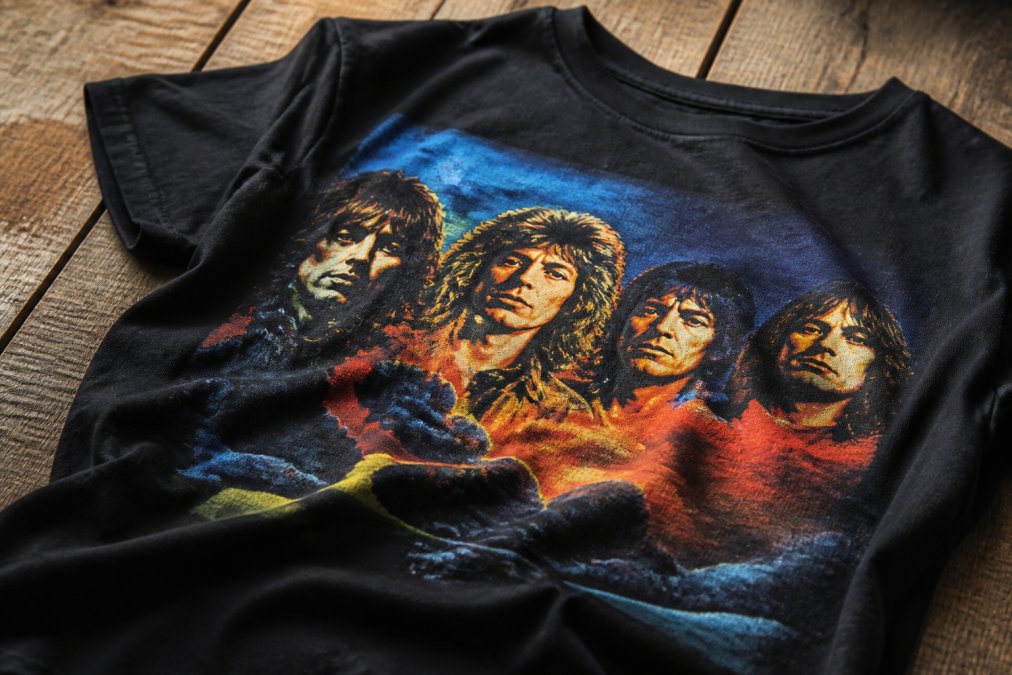 Close-up of a classic rock graphic tee displaying screen-printed album artwork with rich color saturation and visible ink texture, draped on a wooden surface