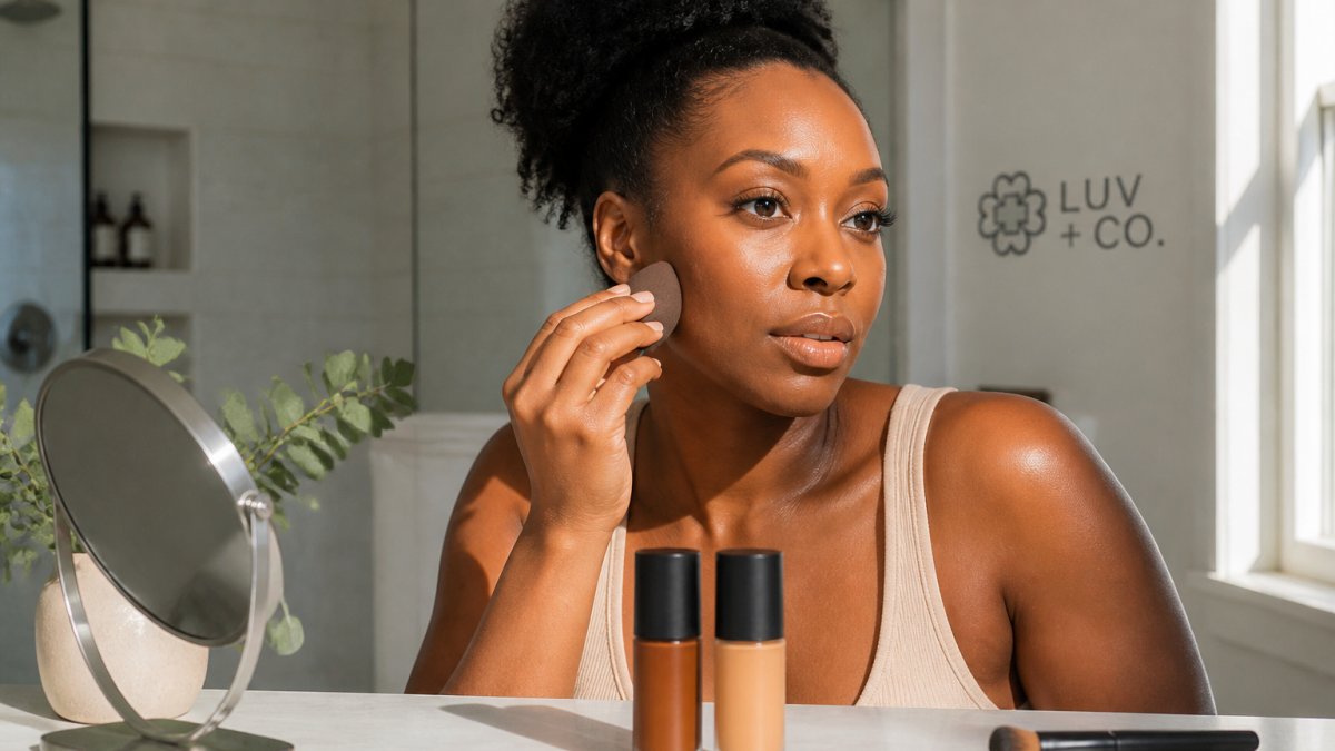 A Black woman with sensitive skin applying liquid foundation with a damp makeup sponge in a bright bathroom, natural window light, even complexion visible