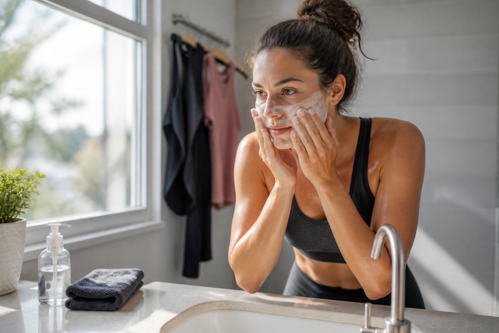 Young woman applying facial cleanser at a bathroom sink after a workout, with gym clothes visible in the background and natural morning light streaming through the window