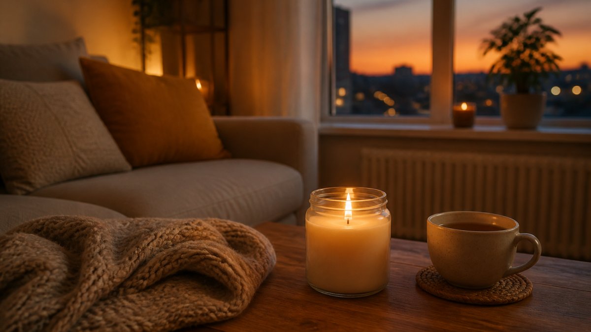 A small warmly lit apartment living room at dusk, a lit soy candle in a glass jar on a wooden coffee table, a soft throw blanket on the sofa and a mug of tea beside the candle