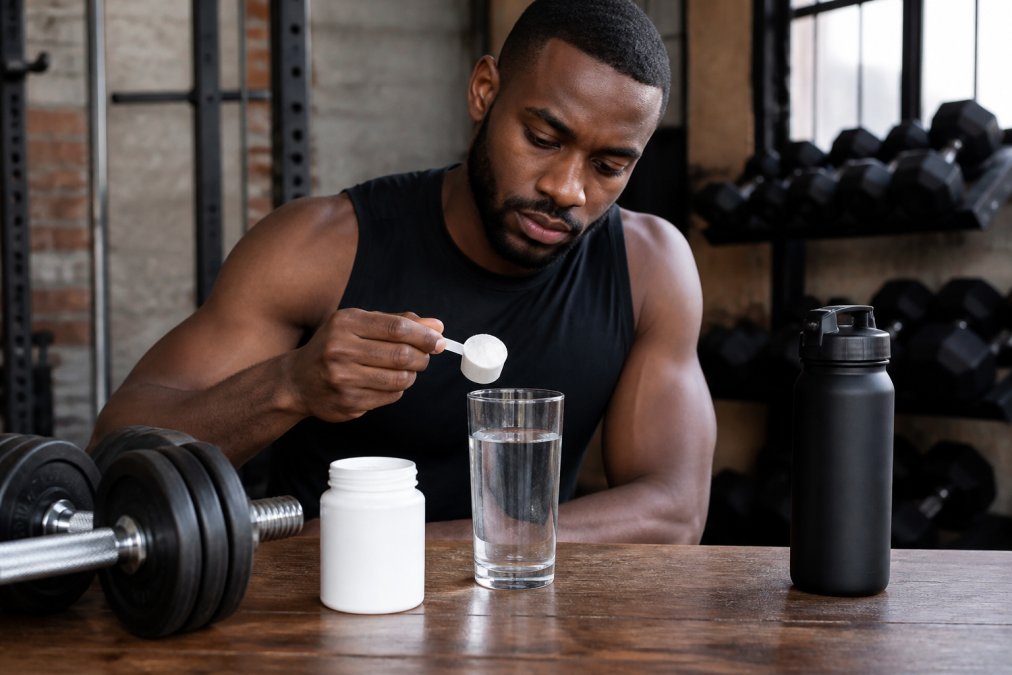 Athlete in gym attire pouring a scoop of white creatine powder into a glass of water near dumbbells