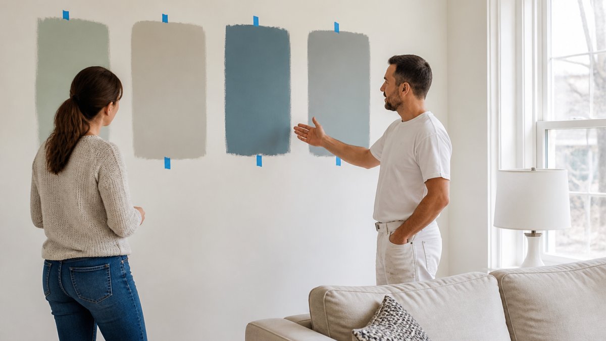 A homeowner and a professional painter standing in a bright living room, comparing several large painted color swatches taped to the wall next to white trim and a sofa