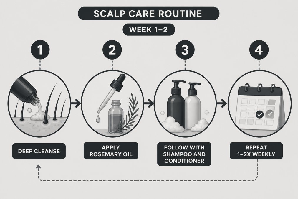 Flowchart illustrating a weekly scalp care routine for thinning hair using cleansing, oil treatments, and conditioning.