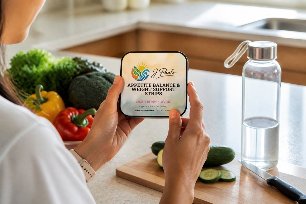 Person holding a J. Paulo supplement bottle while reviewing nutrition information on the label, with fresh vegetables and a water bottle visible on a clean kitchen counter in natural morning light