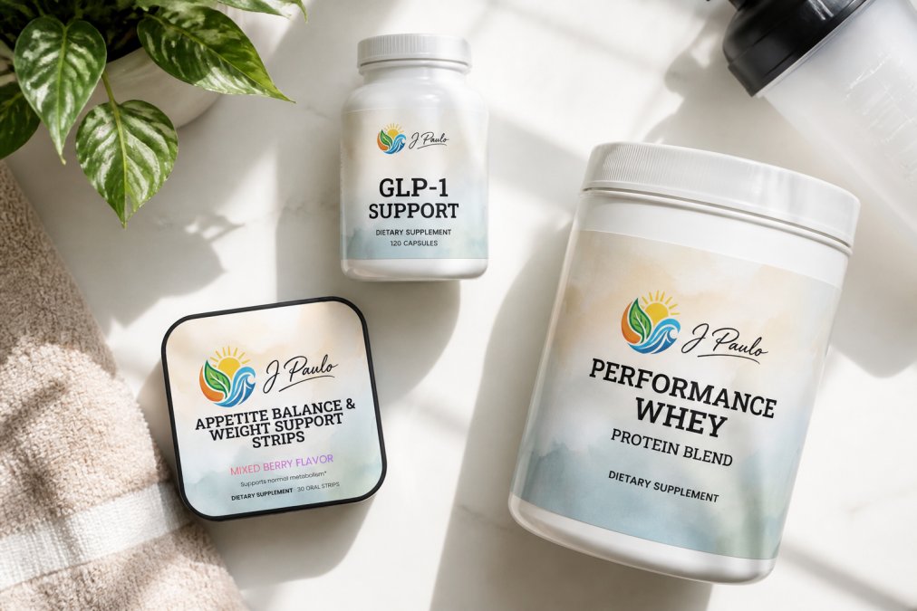 Flat lay arrangement of J. Paulo Appetite Balance Strips, GLP-1 Support capsules, and Performance Whey Protein Blend on a clean white surface with natural morning light