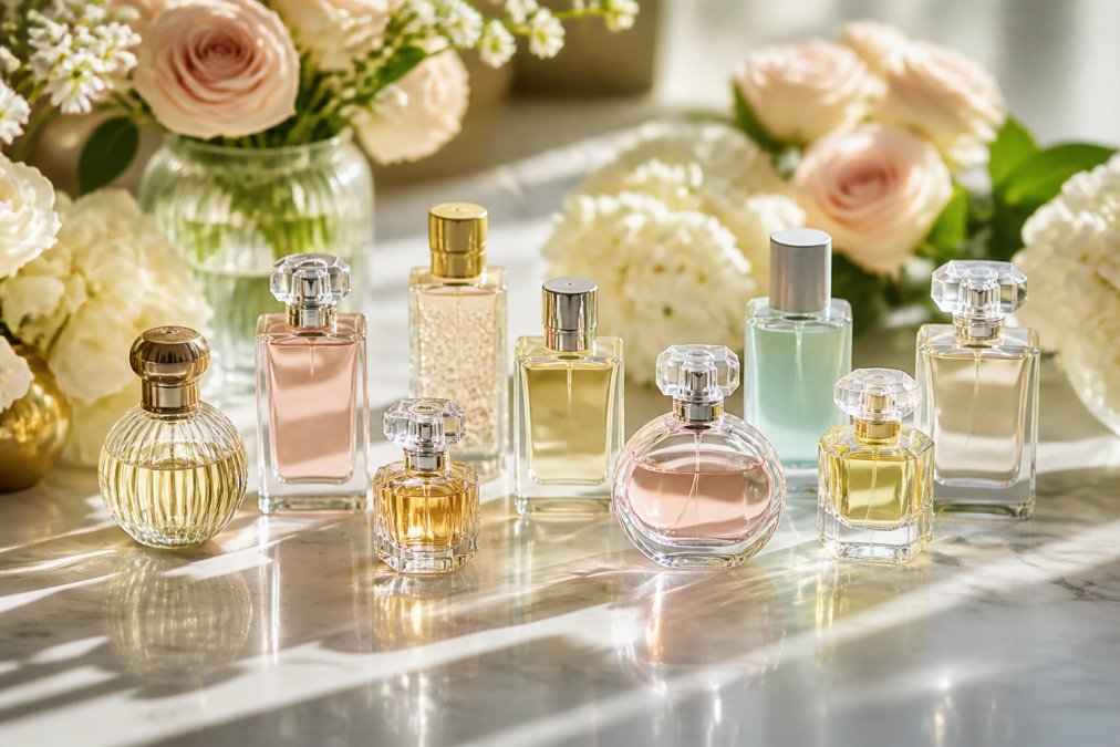 Array of clean perfume bottles in various sizes and colors arranged on a marble surface with fresh flowers and natural light streaming in, showcasing multiple fragrance options