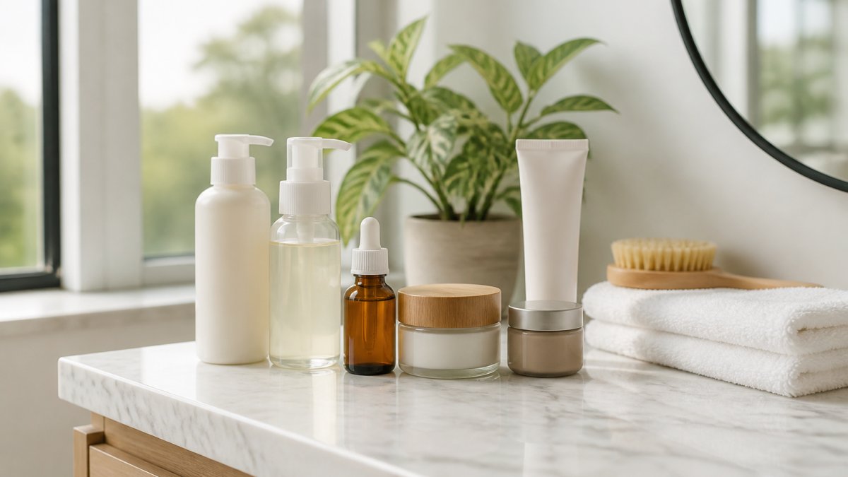A bathroom counter with a lineup of clean skincare products, including a cleanser bottle, serum dropper, and night cream jar, arranged neatly with a small plant nearby