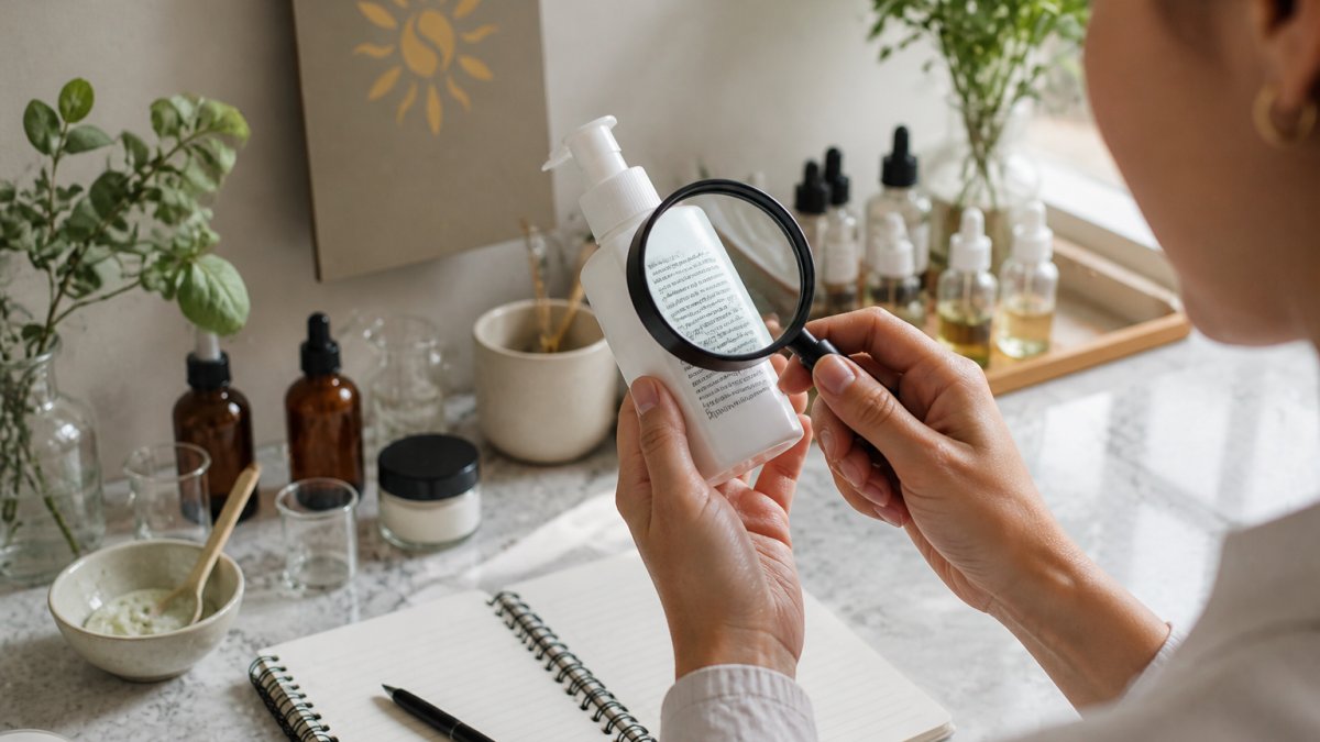 Close-up of a woman's hands holding a skincare bottle, reading the ingredient label with a magnifying glass in a bright, natural-lit bathroom