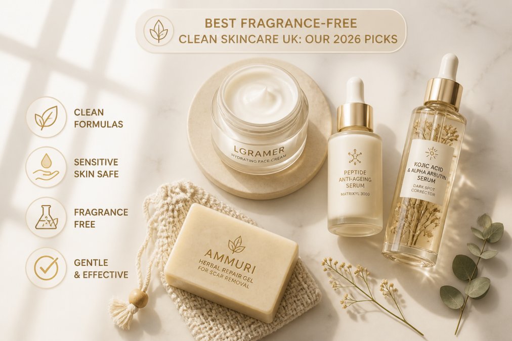 Flat lay of clean skincare products arranged on a white marble surface, including a small glass moisturiser jar, a natural soap bar, and a dropper bottle with botanical ingredients, soft natural window light from the left