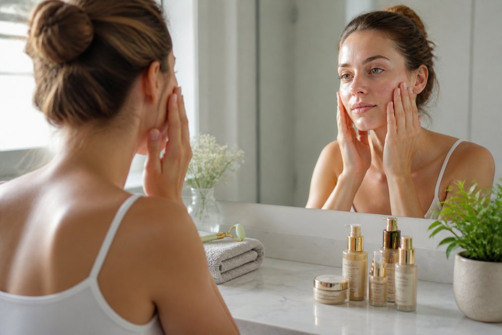 Close-up of a woman with light skin gently pressing the fingertips of both hands against her cheek while looking into a bathroom mirror, bright natural morning light, calm expression, minimal bathroom setting