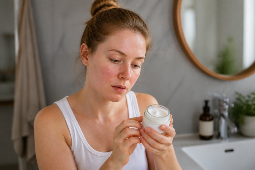 A woman with fair, slightly flushed skin sitting in a softly lit bathroom, holding a small glass jar of cream and examining the ingredient label with a thoughtful, deliberate expression