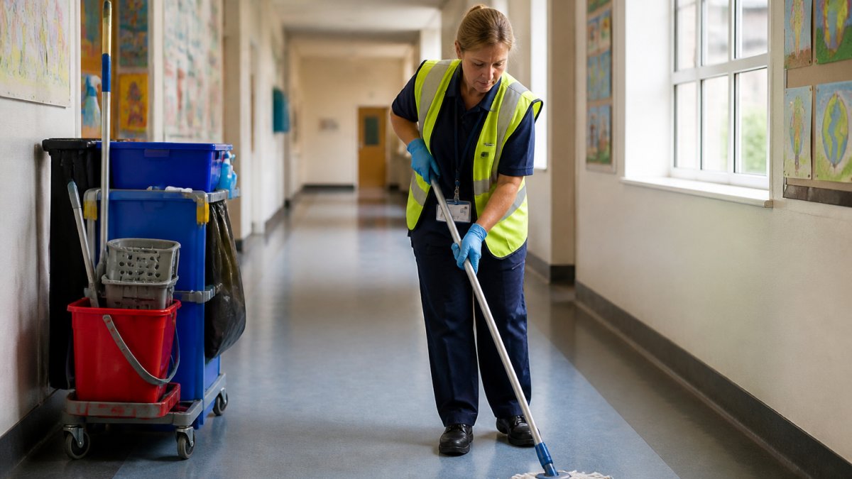 Professional cleaner wearing high-visibility clothing and ID badge, working in a school corridor with children's artwork on the walls and natural light from windows