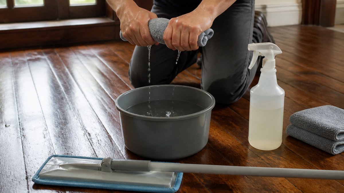 Close-up of hands wringing out a microfiber mop until barely damp, with a spray bottle of wood-safe cleaner and a bucket of water nearby on a protected antique hardwood floor
