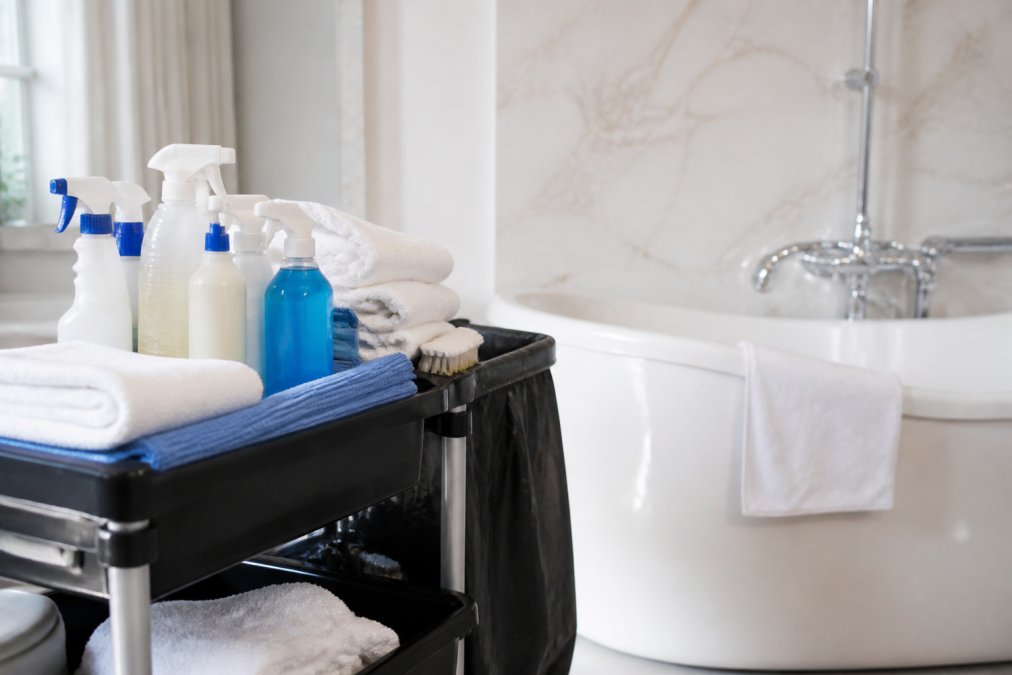 A housekeeping trolley in a bright hotel bathroom, stocked with spray bottles, folded cloths and cleaning tools, with a sparkling bath and chrome taps in the background