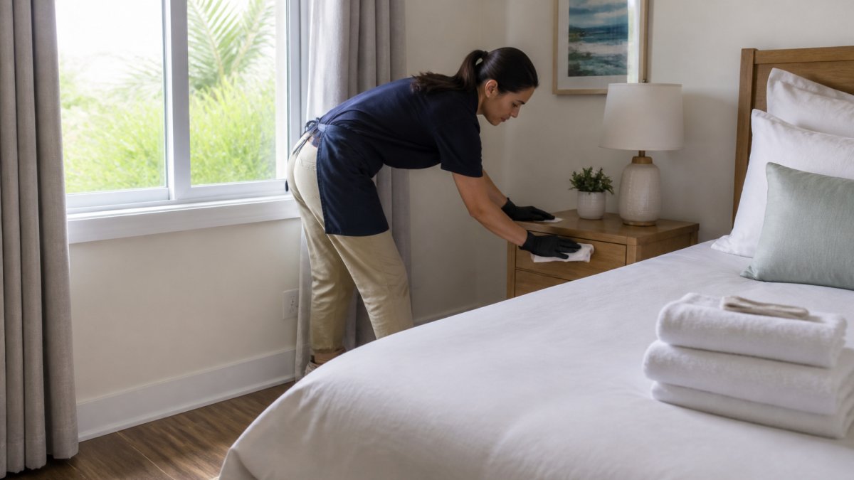 Professional cleaner wiping a nightstand in a bright bedroom, one of the best cleaning services for airbnb hosts.