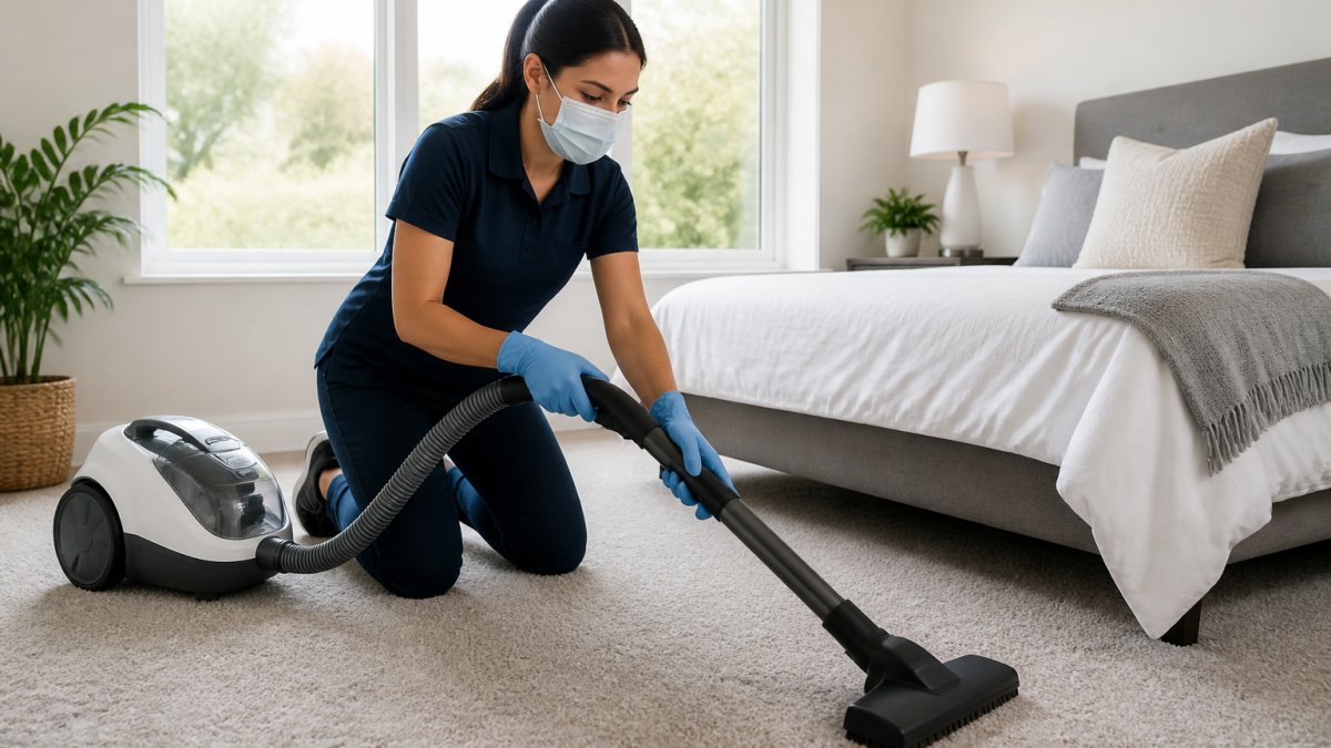 Professional cleaner in protective gloves using a HEPA vacuum on a carpeted bedroom floor with natural morning light streaming through windows