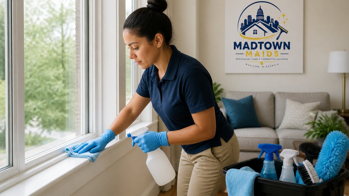A professional cleaner in a bright living room wiping down a windowsill with a microfiber cloth, cleaning supplies organized nearby, natural light coming through the window