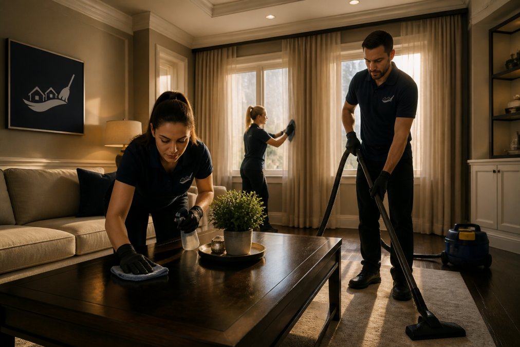 Professional cleaning team in matching uniforms working together in a bright residential living room, one wiping surfaces while another vacuums, with focused attention to detail and natural sunlight streaming through windows