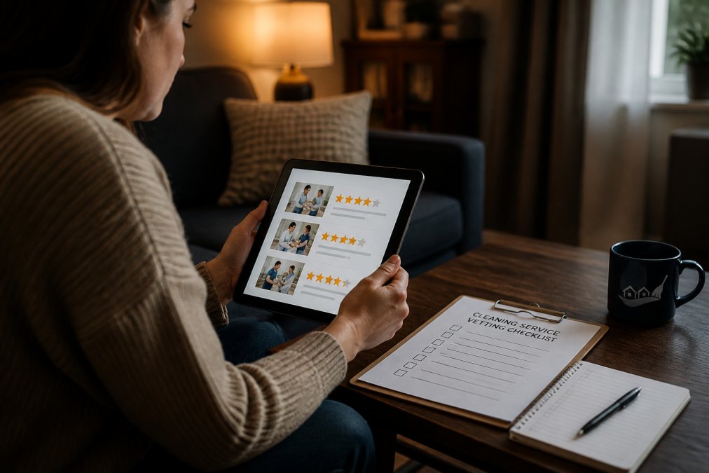 Homeowner reviewing customer testimonials and ratings on a tablet, with a printed vetting checklist and notes visible on nearby table in natural home lighting