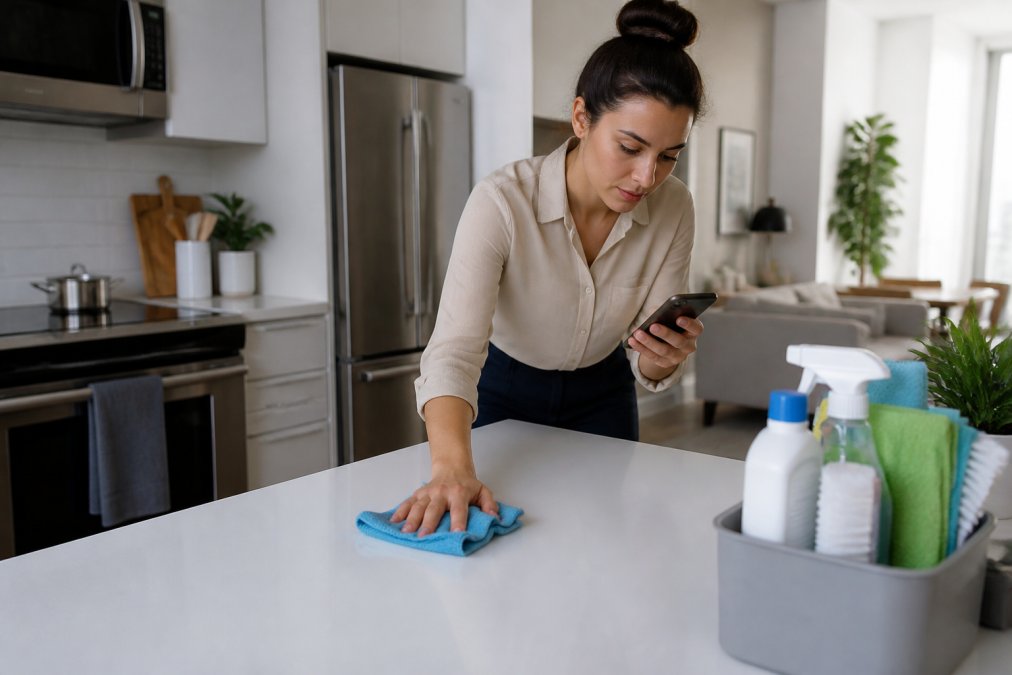 A busy professional in a modern apartment quickly wiping a kitchen counter with a microfiber cloth while glancing at a phone timer, cleaning supplies neatly organized nearby