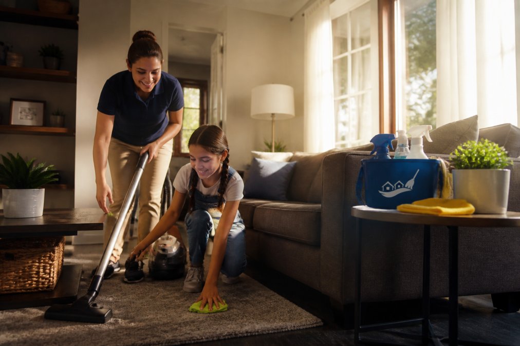 Parent and child working together to clean a bright living room with morning sunlight streaming through windows, cleaning supplies visible on a nearby side table